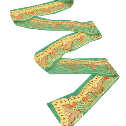 SANSKRITI VINTAGE SAREE BORDER HAND BEADED ZARI 1 YD TRIMS LACE 3W GREEN FLORAL