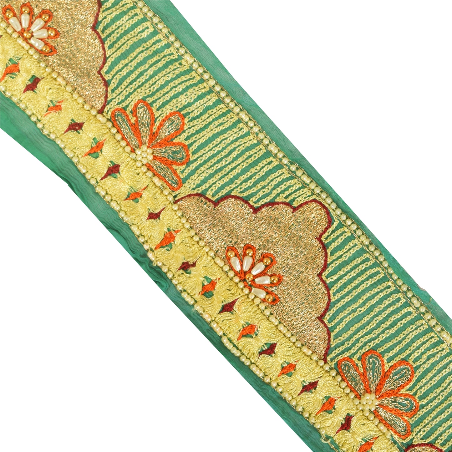 SANSKRITI VINTAGE SAREE BORDER HAND BEADED ZARI 1 YD TRIMS LACE 3W GREEN FLORAL