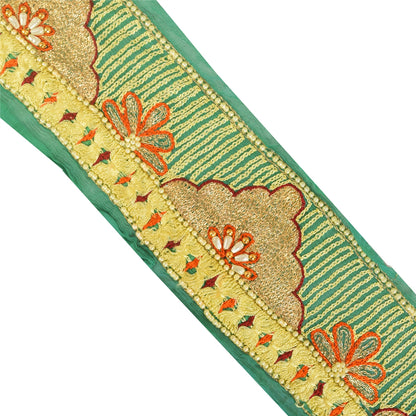 SANSKRITI VINTAGE SAREE BORDER HAND BEADED ZARI 1 YD TRIMS LACE 3W GREEN FLORAL