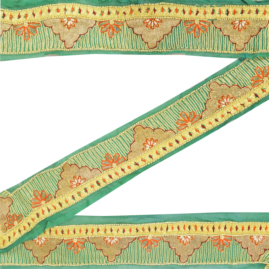 SANSKRITI VINTAGE SAREE BORDER HAND BEADED ZARI 1 YD TRIMS LACE 3W GREEN FLORAL