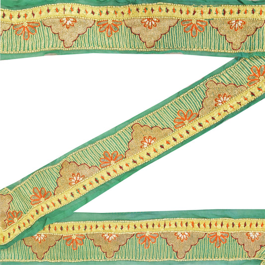 SANSKRITI VINTAGE SAREE BORDER HAND BEADED ZARI 1 YD TRIMS LACE 3W GREEN FLORAL