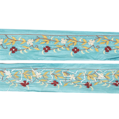 Sanskriti Vintage Sari Border Blue Hand Embroidered Paisley 1 YD Trims Lace 2W