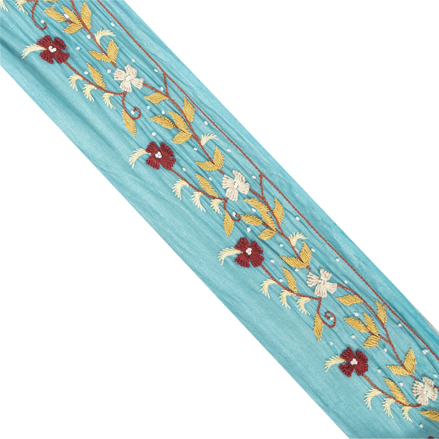 Sanskriti Vintage Sari Border Blue Hand Embroidered Paisley 1 YD Trims Lace 2W