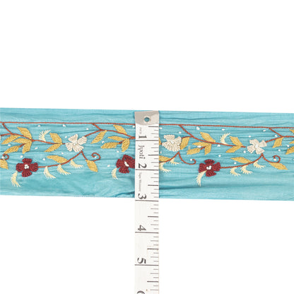 Sanskriti Vintage Sari Border Blue Hand Embroidered Paisley 1 YD Trims Lace 2W