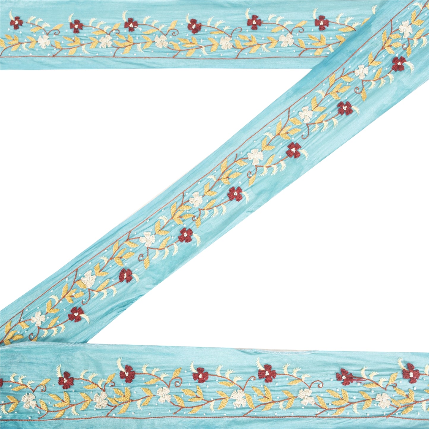 Sanskriti Vintage Sari Border Blue Hand Embroidered Paisley 1 YD Trims Lace 2W