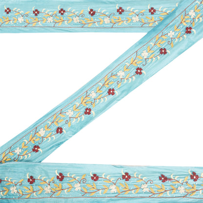 Sanskriti Vintage Sari Border Blue Hand Embroidered Paisley 1 YD Trims Lace 2W