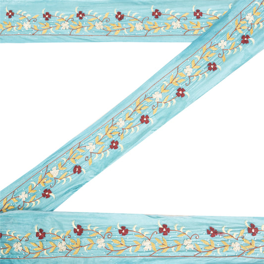 Sanskriti Vintage Sari Border Blue Hand Embroidered Paisley 1 YD Trims Lace 2W