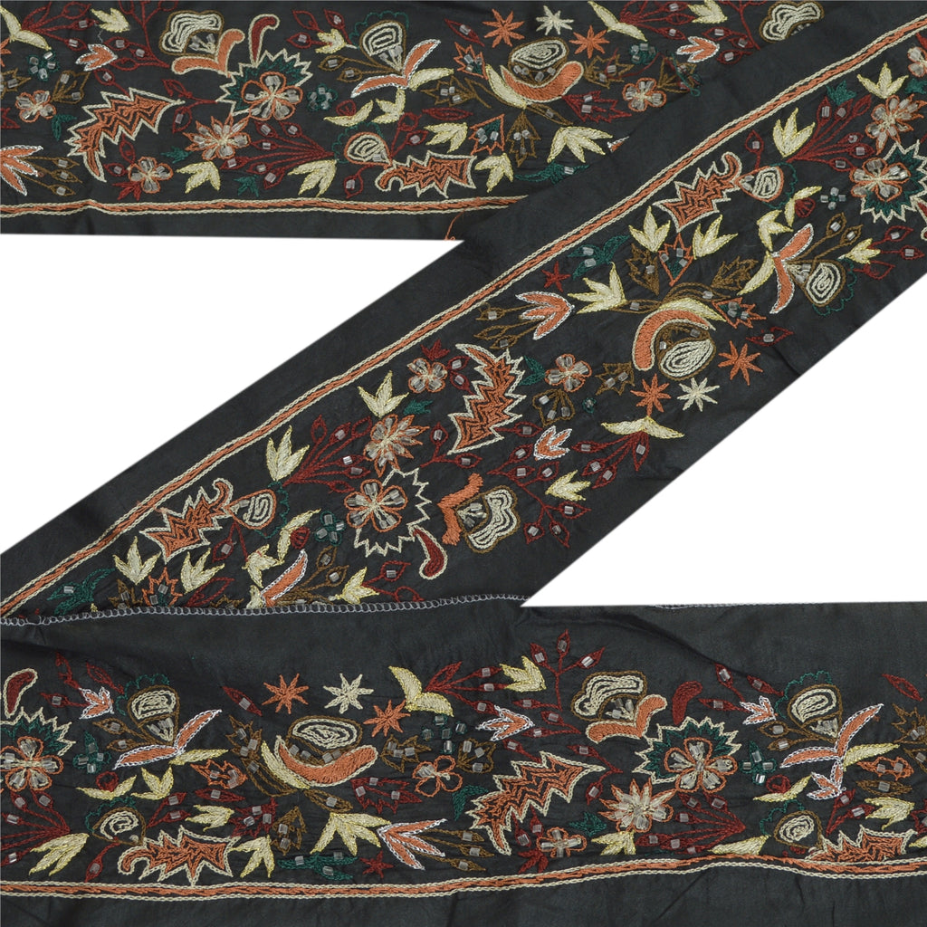 Sanskriti Vintage Sari Border Hand Beaded Craft 1 Yd Sewing Black Trims Lace