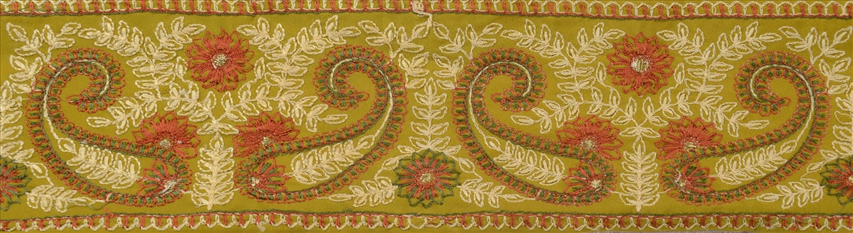 Sanskriti Vintage Sarees Border Green Hand Embroidered Zari 1 Yd Saree Trim 3.5W Art Silk Sari Ribbon Lace