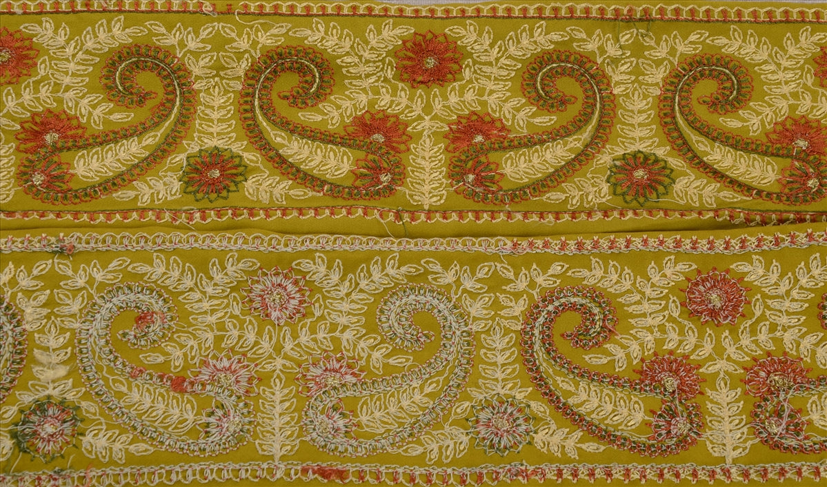 Sanskriti Vintage Saree Border Hand Embroidered Zari 1 YD Trim 3.5w Green Lace