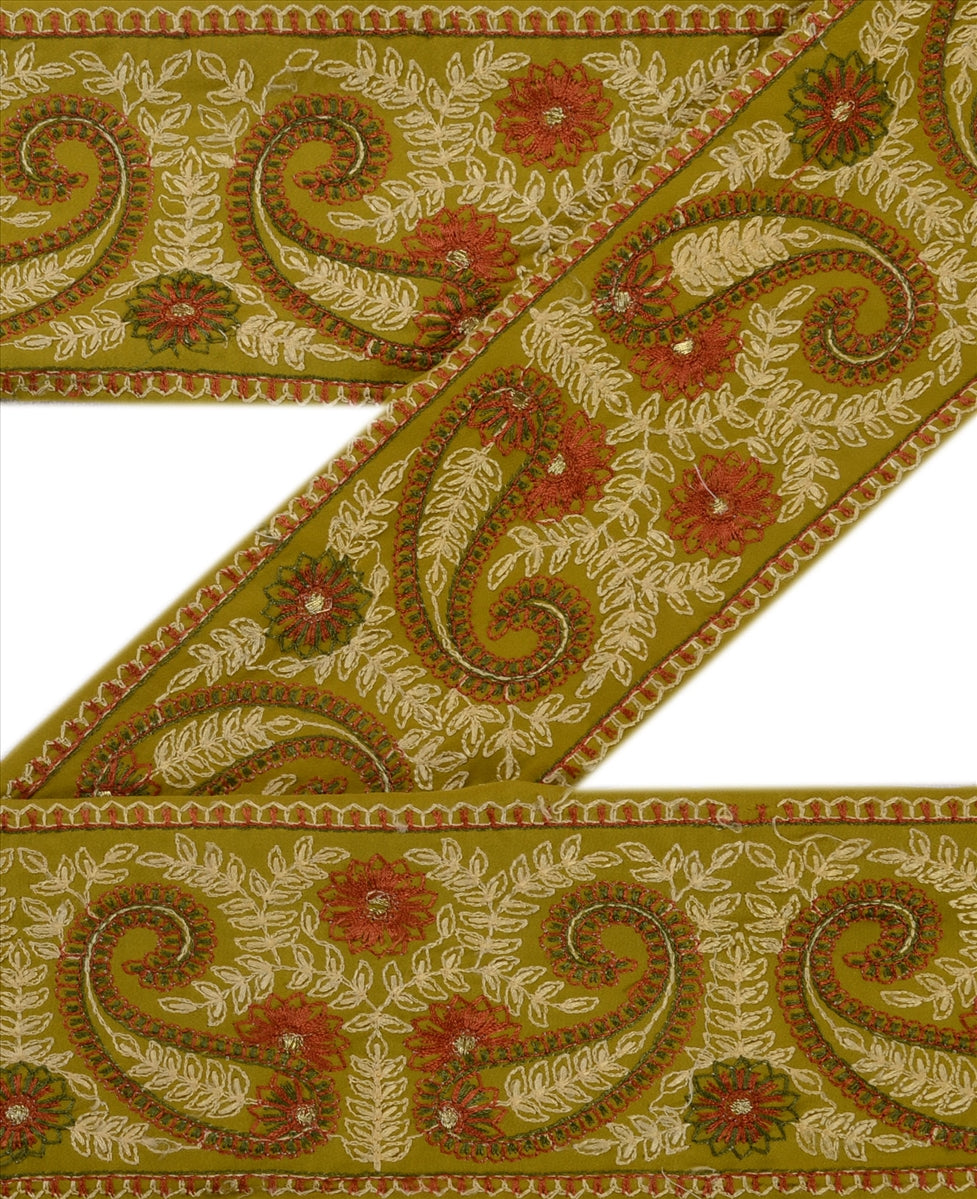 Sanskriti Vintage Sarees Border Green Hand Embroidered Zari 1 Yd Saree Trim 3.5W Art Silk Sari Ribbon Lace
