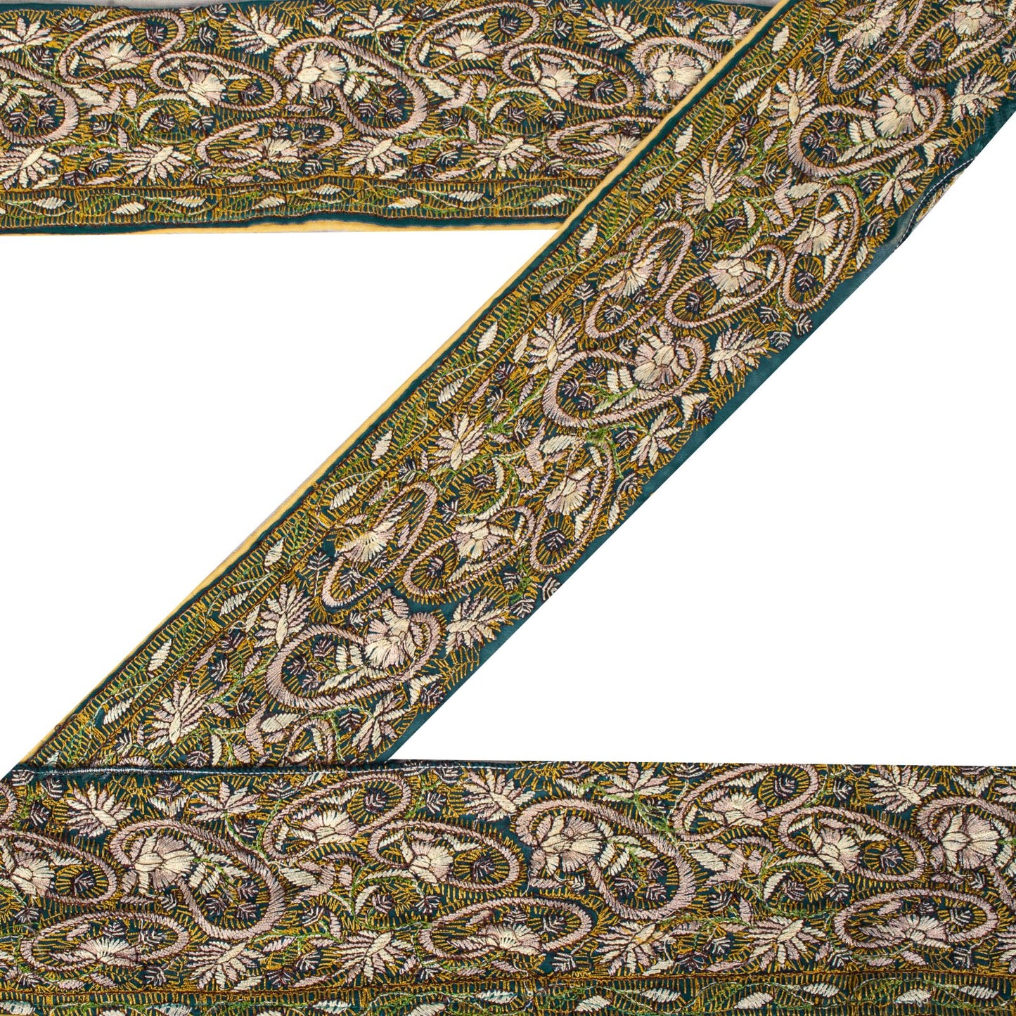 Sanskriti Vintage 1 Yard 3.5"W Sari Border Green Georgette Hand Embroidered Lace