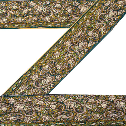 Sanskriti Vintage 1 Yard 3.5"W Sari Border Green Georgette Hand Embroidered Lace