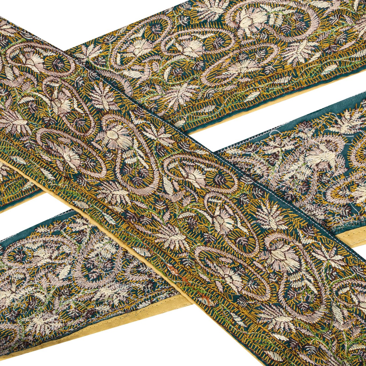 Sanskriti Vintage 1 Yard 3.5"W Sari Border Green Georgette Hand Embroidered Lace
