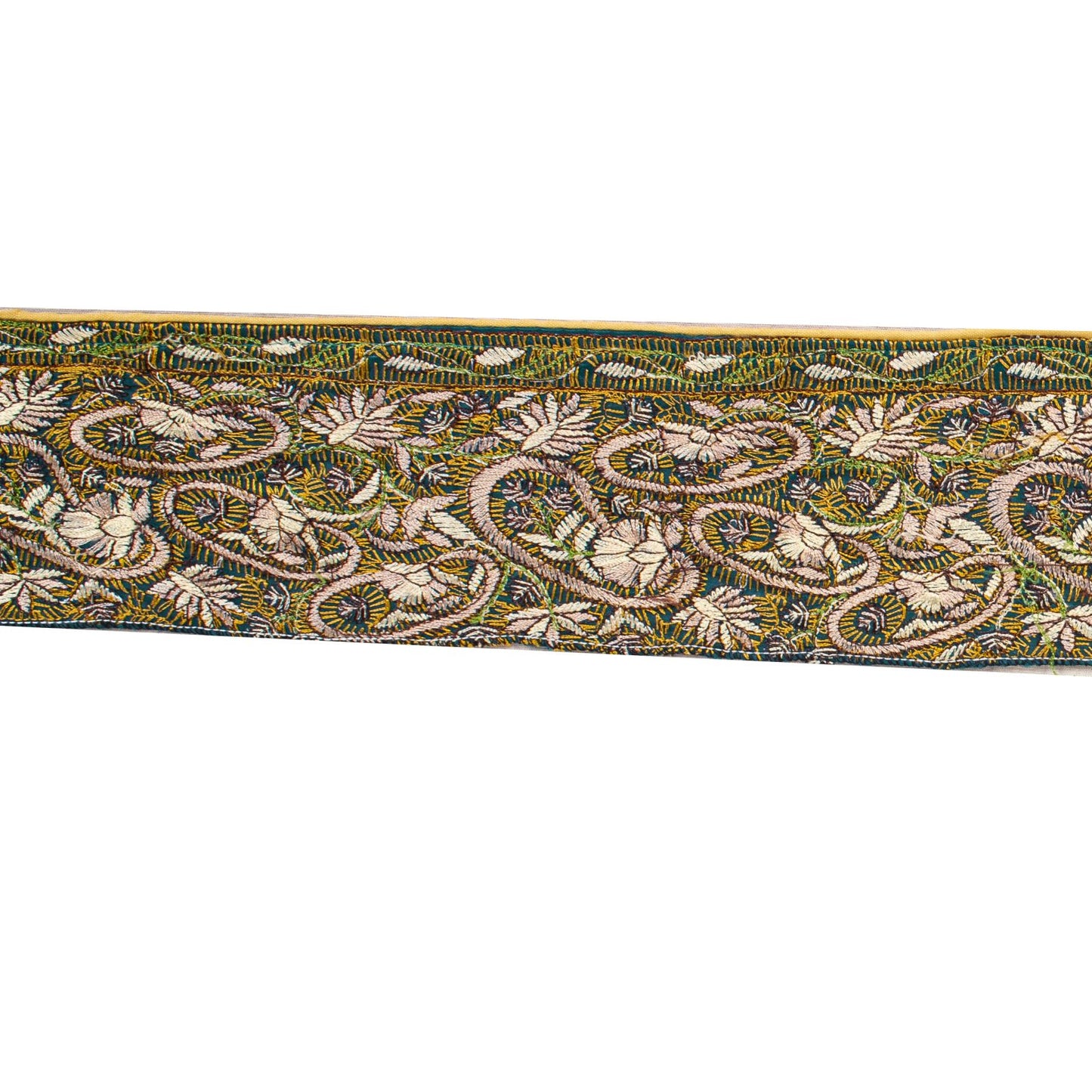 Sanskriti Vintage 1 Yard 3.5"W Sari Border Green Georgette Hand Embroidered Lace