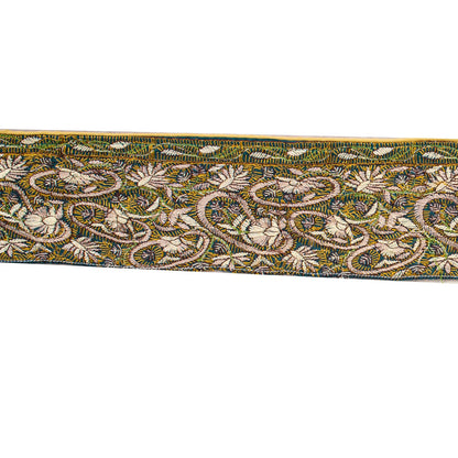 Sanskriti Vintage 1 Yard 3.5"W Sari Border Green Georgette Hand Embroidered Lace