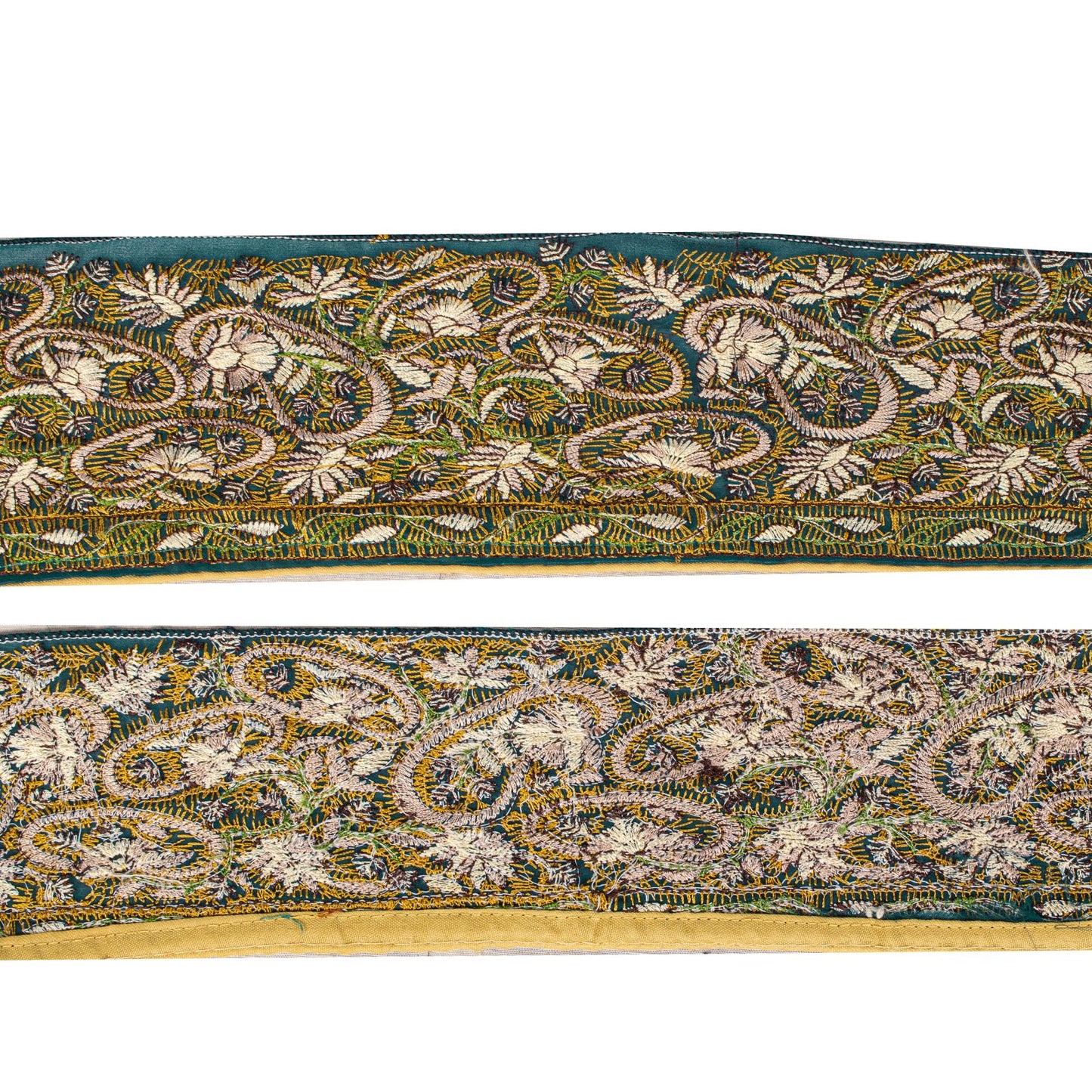 Sanskriti Vintage 1 Yard 3.5"W Sari Border Green Georgette Hand Embroidered Lace