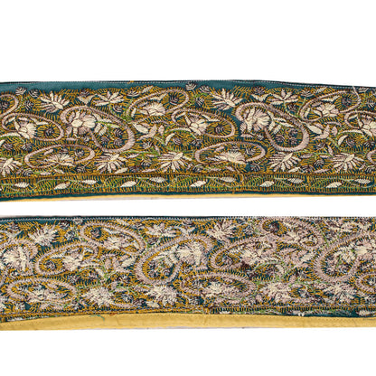 Sanskriti Vintage 1 Yard 3.5"W Sari Border Green Georgette Hand Embroidered Lace