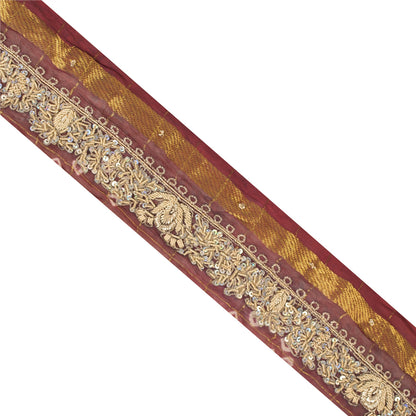 Sanskriti Vintage Sari/Saree Border Hand Bead Zardozi 1 YD Trim Marron 3W Lace