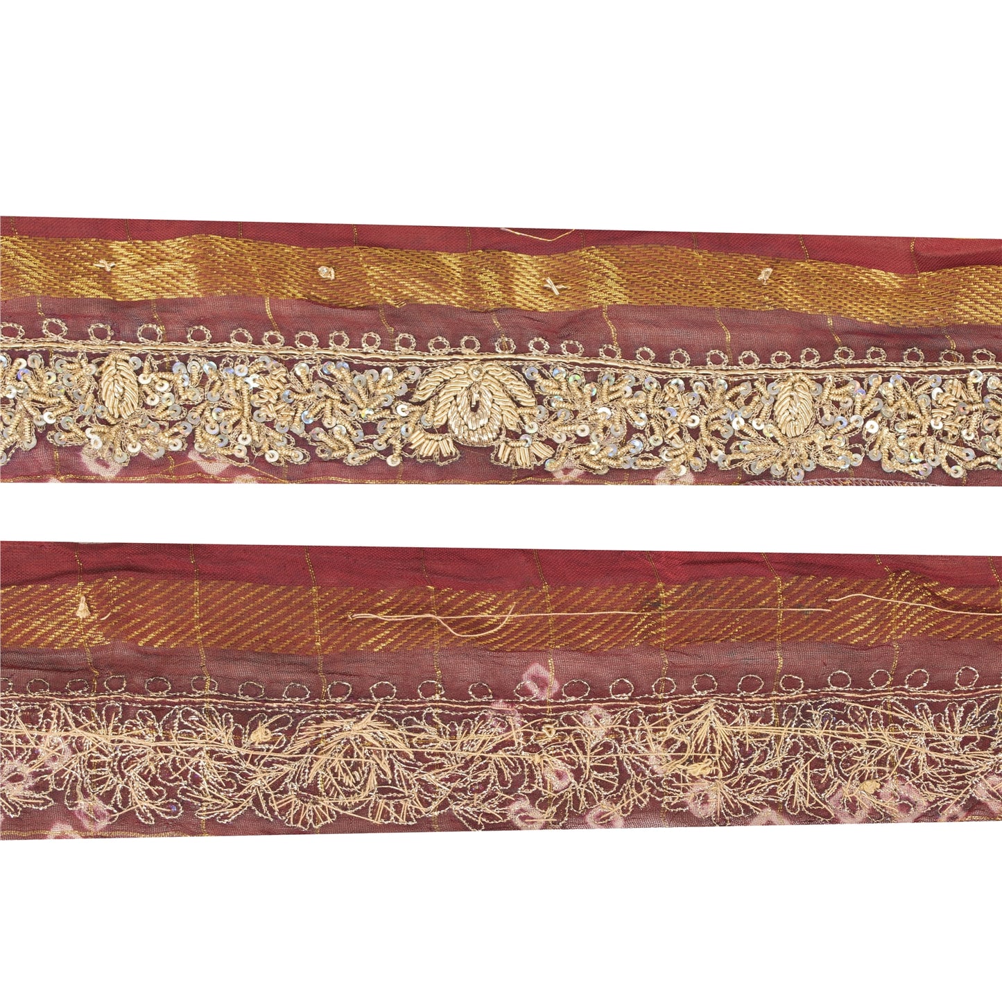 Sanskriti Vintage Sari/Saree Border Hand Bead Zardozi 1 YD Trim Marron 3W Lace