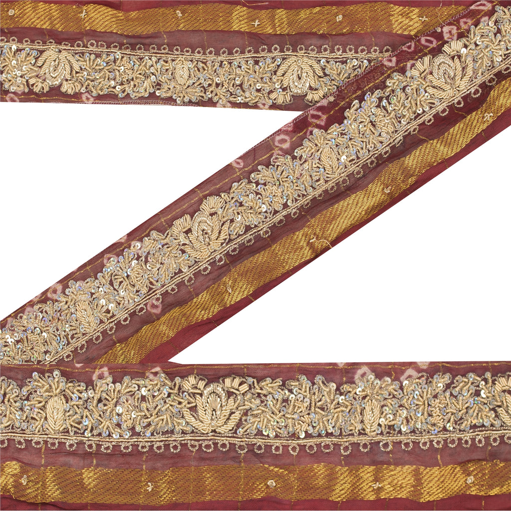 Sanskriti Vintage Sari/Saree Border Hand Bead Zardozi 1 YD Trim Marron 3W Lace
