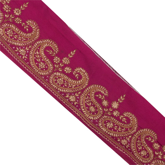 Sanskriti Vintage Sari Border Hand Embroidery 1YD Trims 3.7W Paisley Purple Lace
