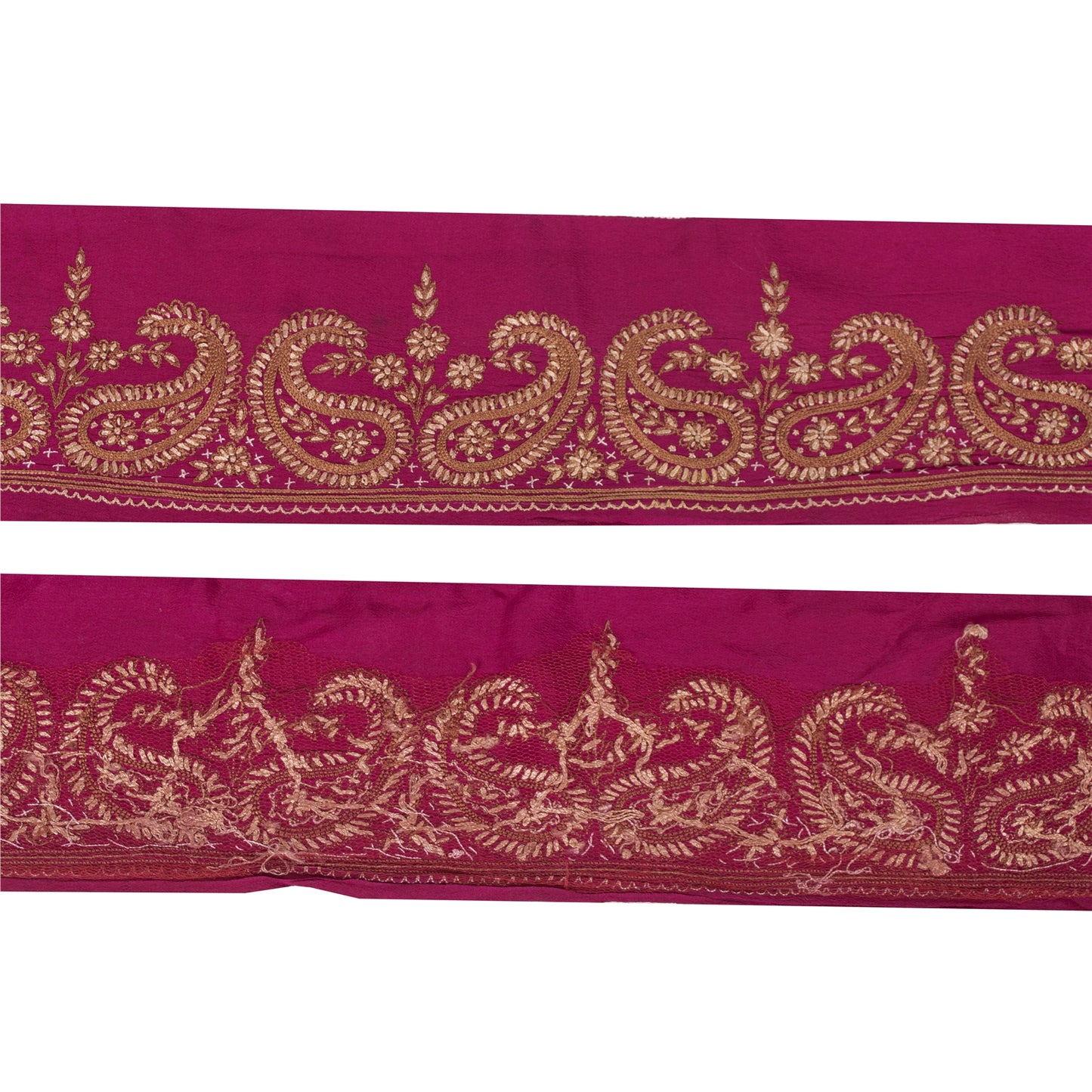 Sanskriti Vintage Sari Border Hand Embroidery 1YD Trims 3.7W Paisley Purple Lace