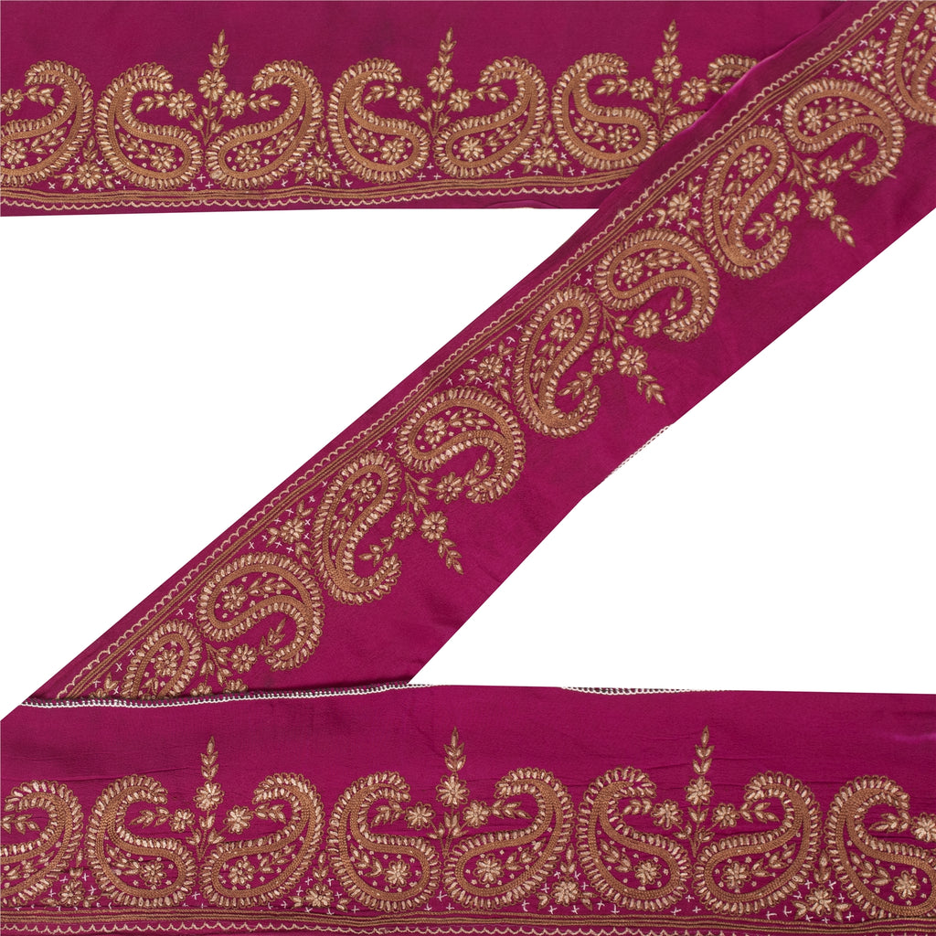 Sanskriti Vintage Sari Border Hand Embroidery 1YD Trims 3.7W Paisley Purple Lace