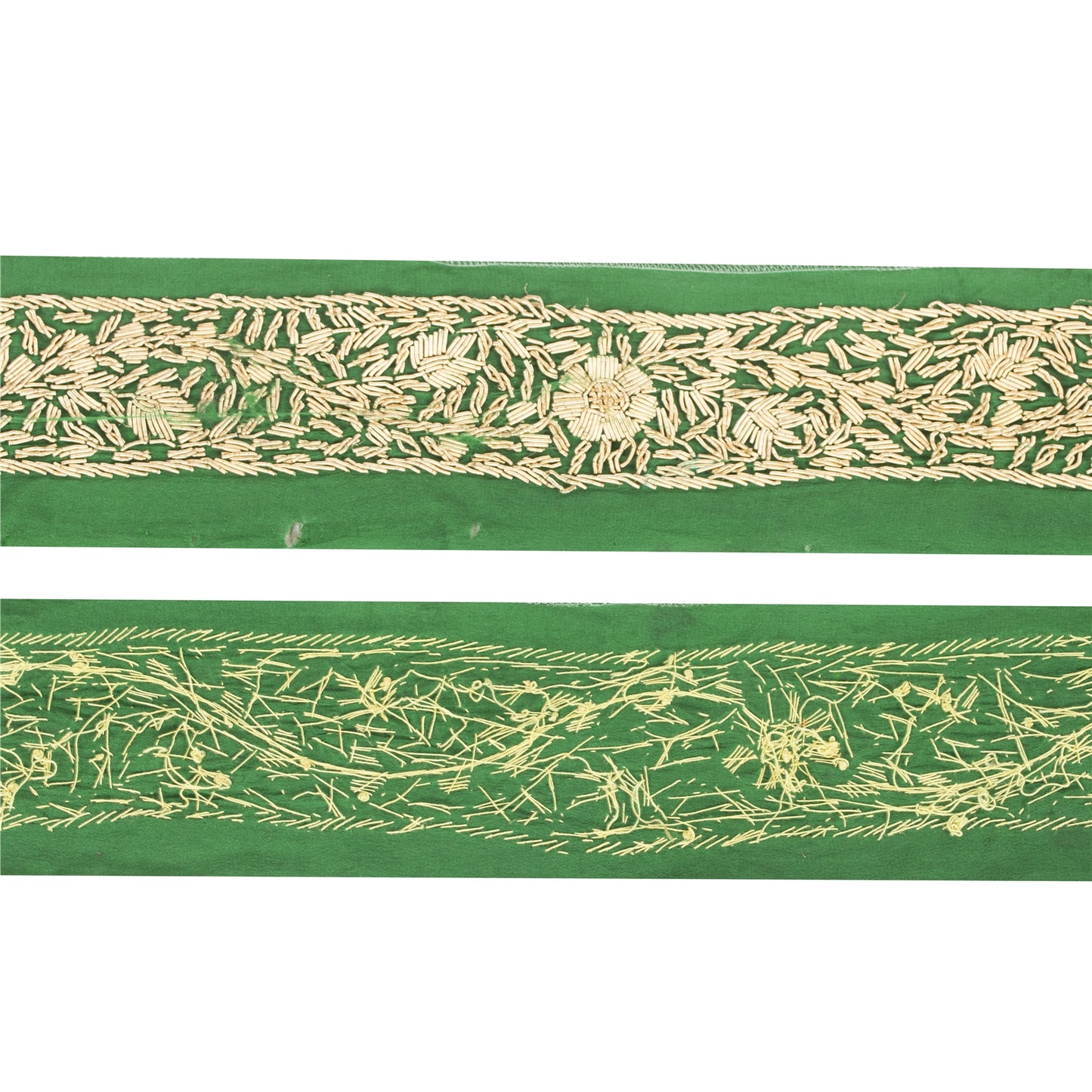 Sanskriti Vintage Sari Border Hand Embroidery Zardozi Craft 1 YD Green Trim Lace