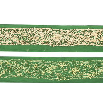 Sanskriti Vintage Sari Border Hand Embroidery Zardozi Craft 1 YD Green Trim Lace