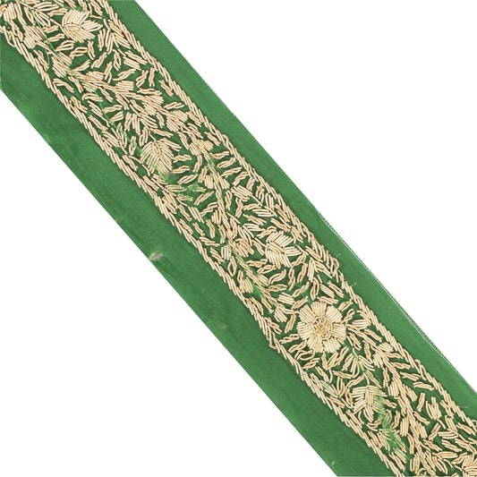Sanskriti Vintage Sari Border Hand Embroidery Zardozi Craft 1 YD Green Trim Lace