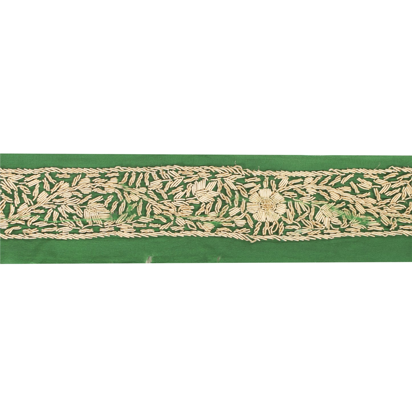 Sanskriti Vintage Sari Border Hand Embroidery Zardozi Craft 1 YD Green Trim Lace