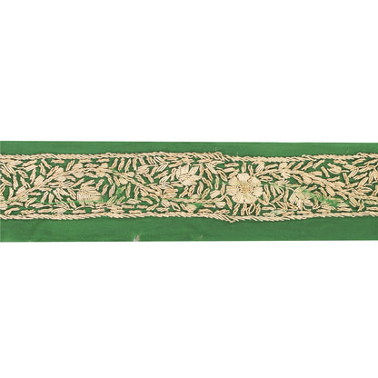 Sanskriti Vintage Sari Border Hand Embroidery Zardozi Craft 1 YD Green Trim Lace
