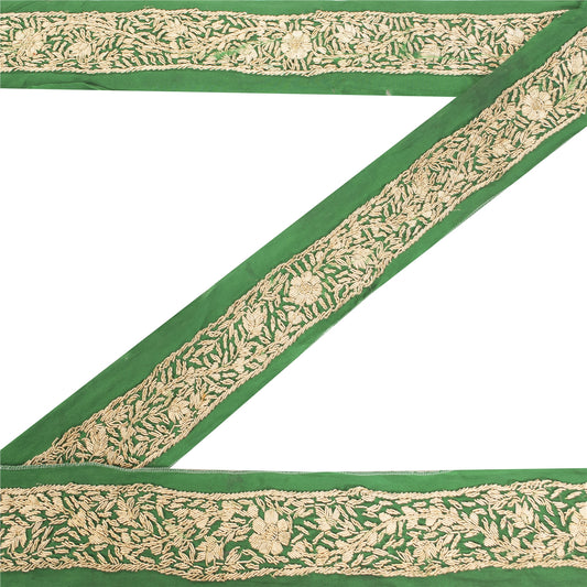 Sanskriti Vintage Sari Border Hand Embroidery Zardozi Craft 1 YD Green Trim Lace