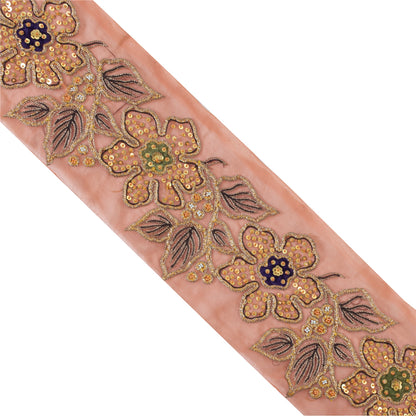 Sanskriti Vintage Sari/Saree Border Hand Beaded Sequins 1 YD Trim Pink 4W Lace