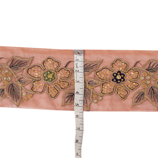 Sanskriti Vintage Sari/Saree Border Hand Beaded Sequins 1 YD Trim Pink 4W Lace