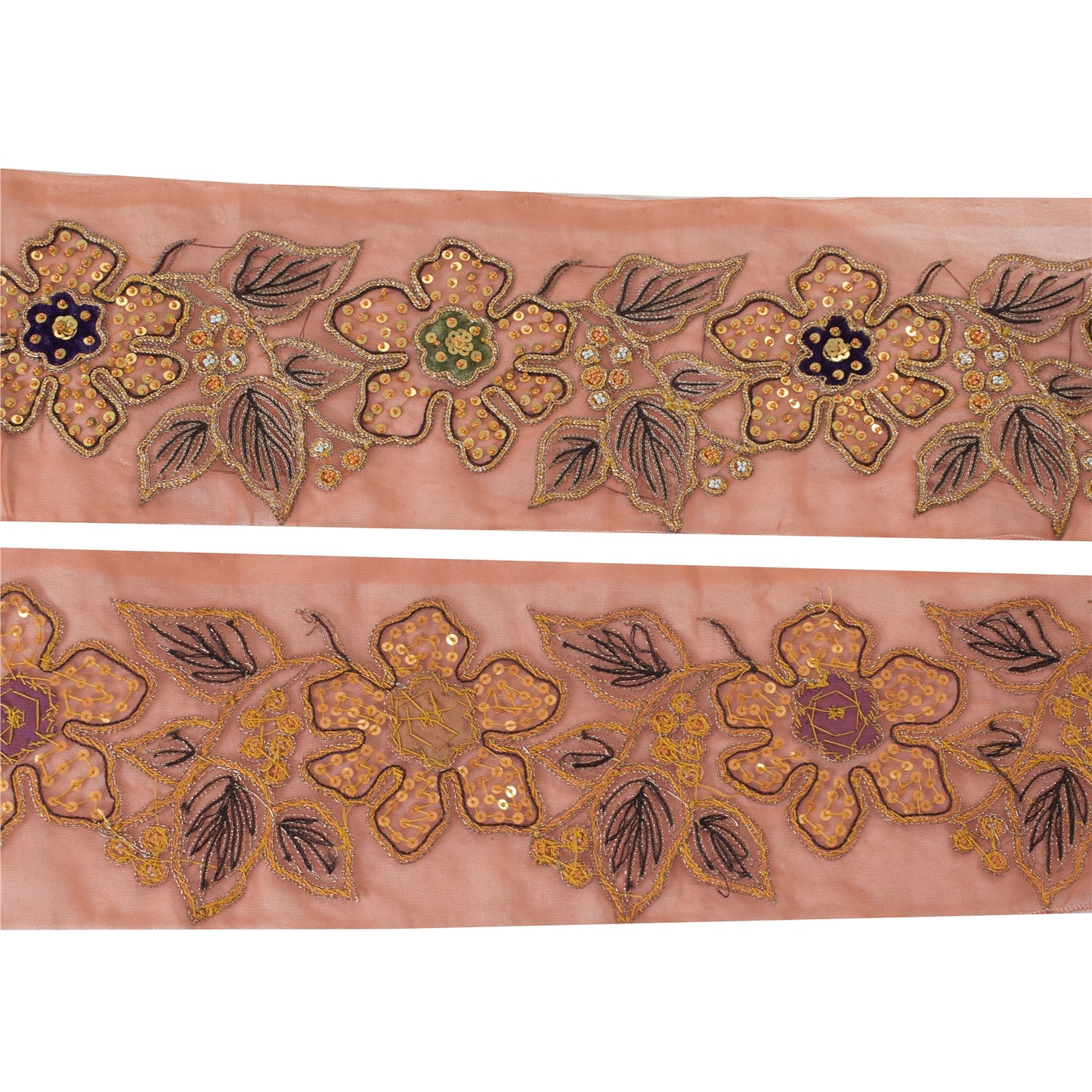 Sanskriti Vintage Sari/Saree Border Hand Beaded Sequins 1 YD Trim Pink 4W Lace
