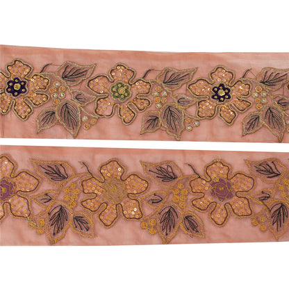 Sanskriti Vintage Sari/Saree Border Hand Beaded Sequins 1 YD Trim Pink 4W Lace