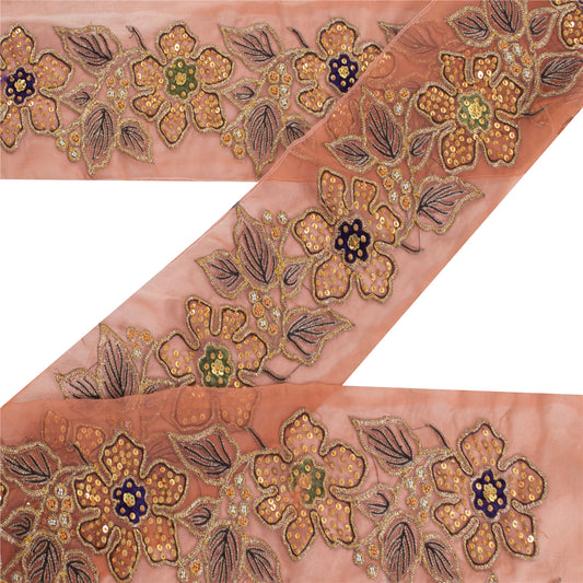 Sanskriti Vintage Sari/Saree Border Hand Beaded Sequins 1 YD Trim Pink 4W Lace