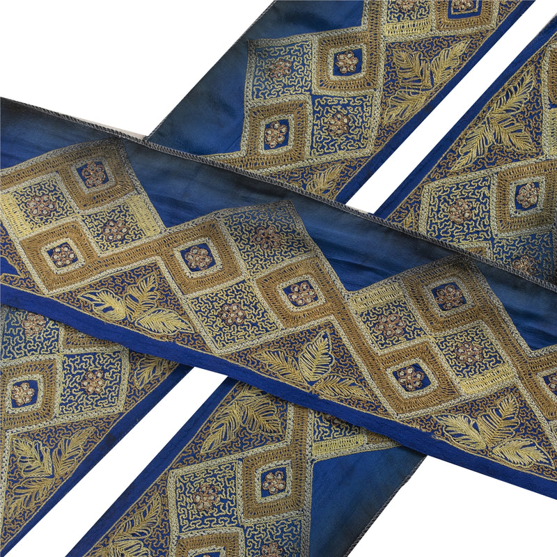 Sanskriti Vintage Saree Border Embroidered Zari Craft 1 YD Trims 3.3W Blue Lace