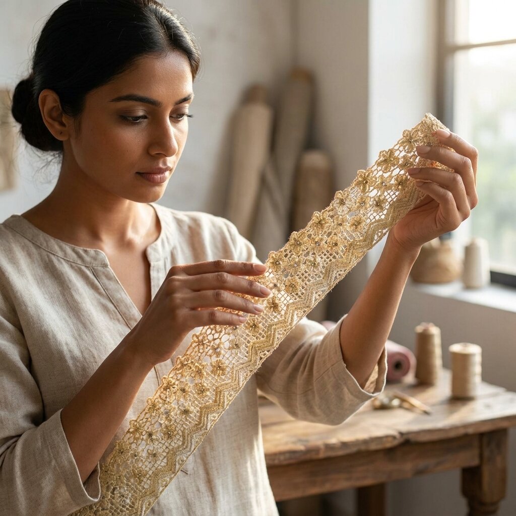 Sanskriti Vintage 1 YD Sari Border Cream Pure Crepe Crochet Hand Bead Trim Lace
