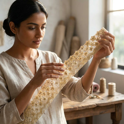 Sanskriti Vintage 1 YD Sari Border Cream Pure Crepe Crochet Hand Bead Trim Lace