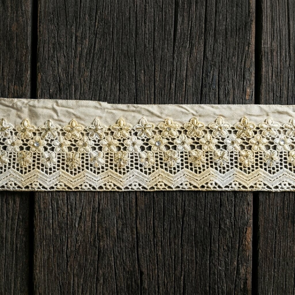 Sanskriti Vintage 1 YD Sari Border Cream Pure Crepe Crochet Hand Bead Trim Lace
