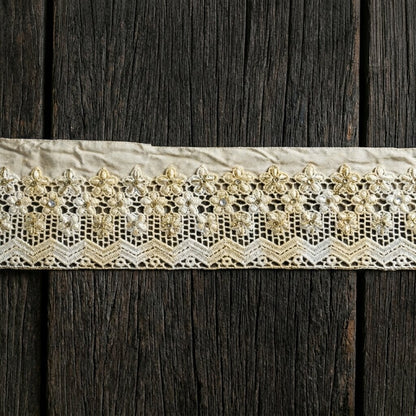 Sanskriti Vintage 1 YD Sari Border Cream Pure Crepe Crochet Hand Bead Trim Lace