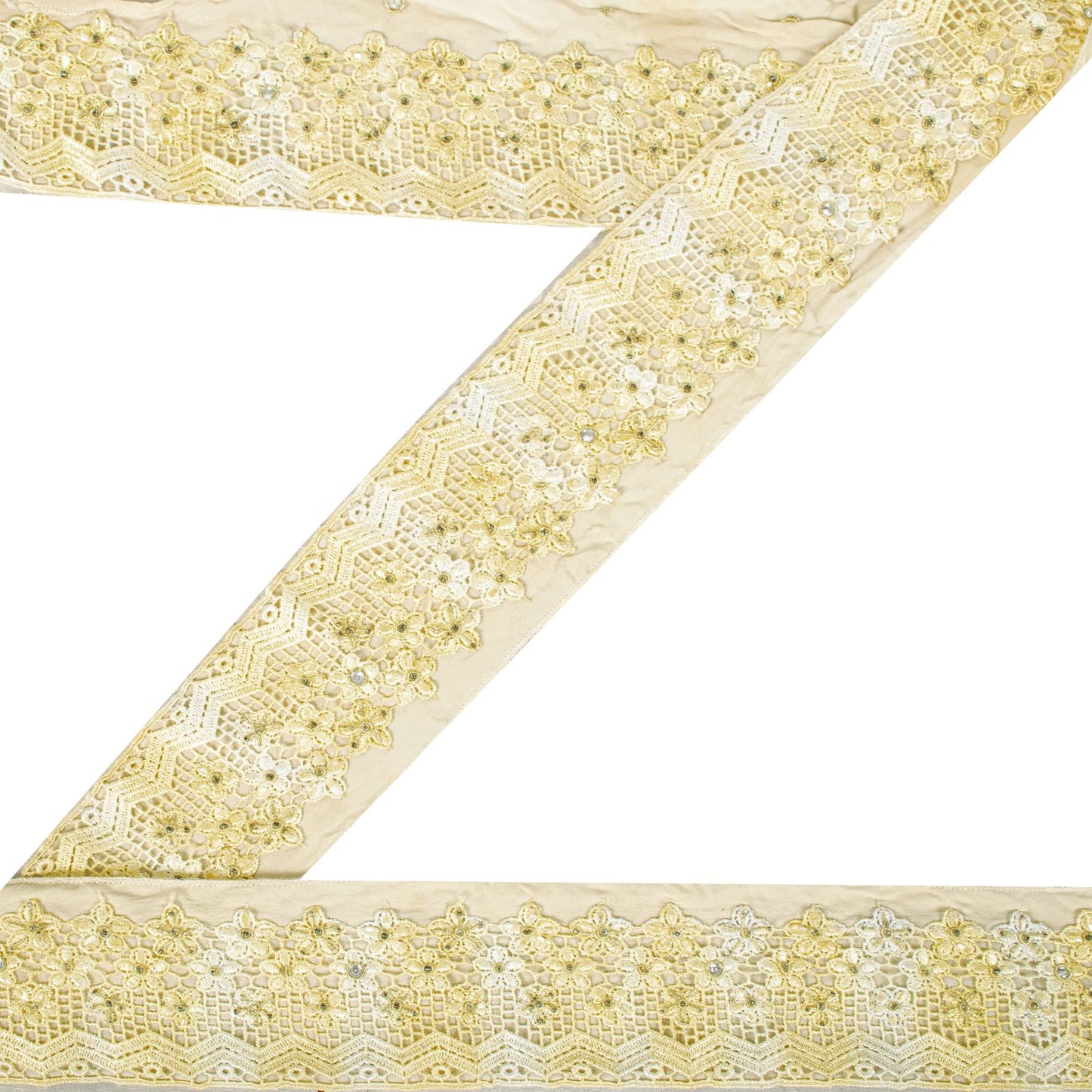 Sanskriti Vintage 1 YD Sari Border Cream Pure Crepe Crochet Hand Bead Trim Lace