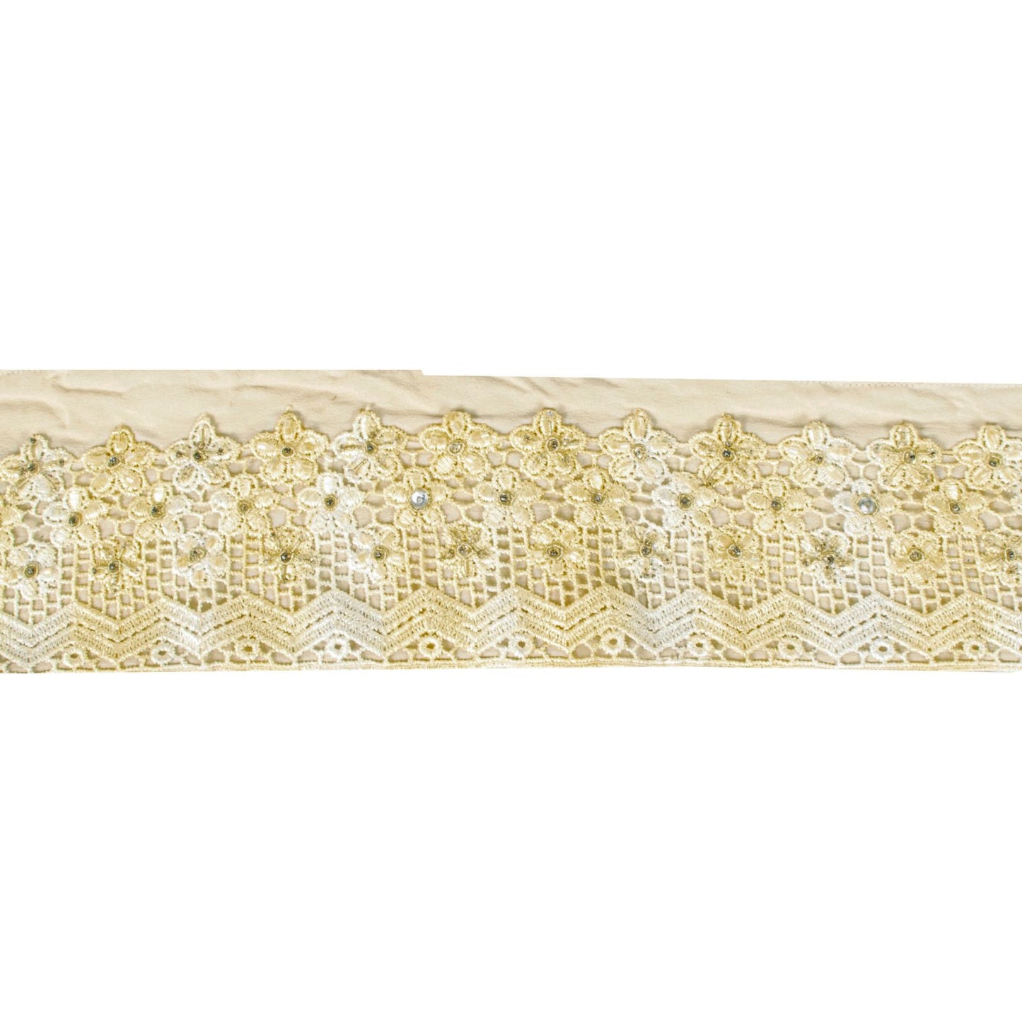 Sanskriti Vintage 1 YD Sari Border Cream Pure Crepe Crochet Hand Bead Trim Lace