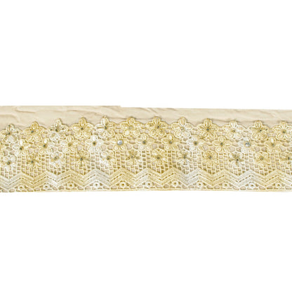 Sanskriti Vintage 1 YD Sari Border Cream Pure Crepe Crochet Hand Bead Trim Lace