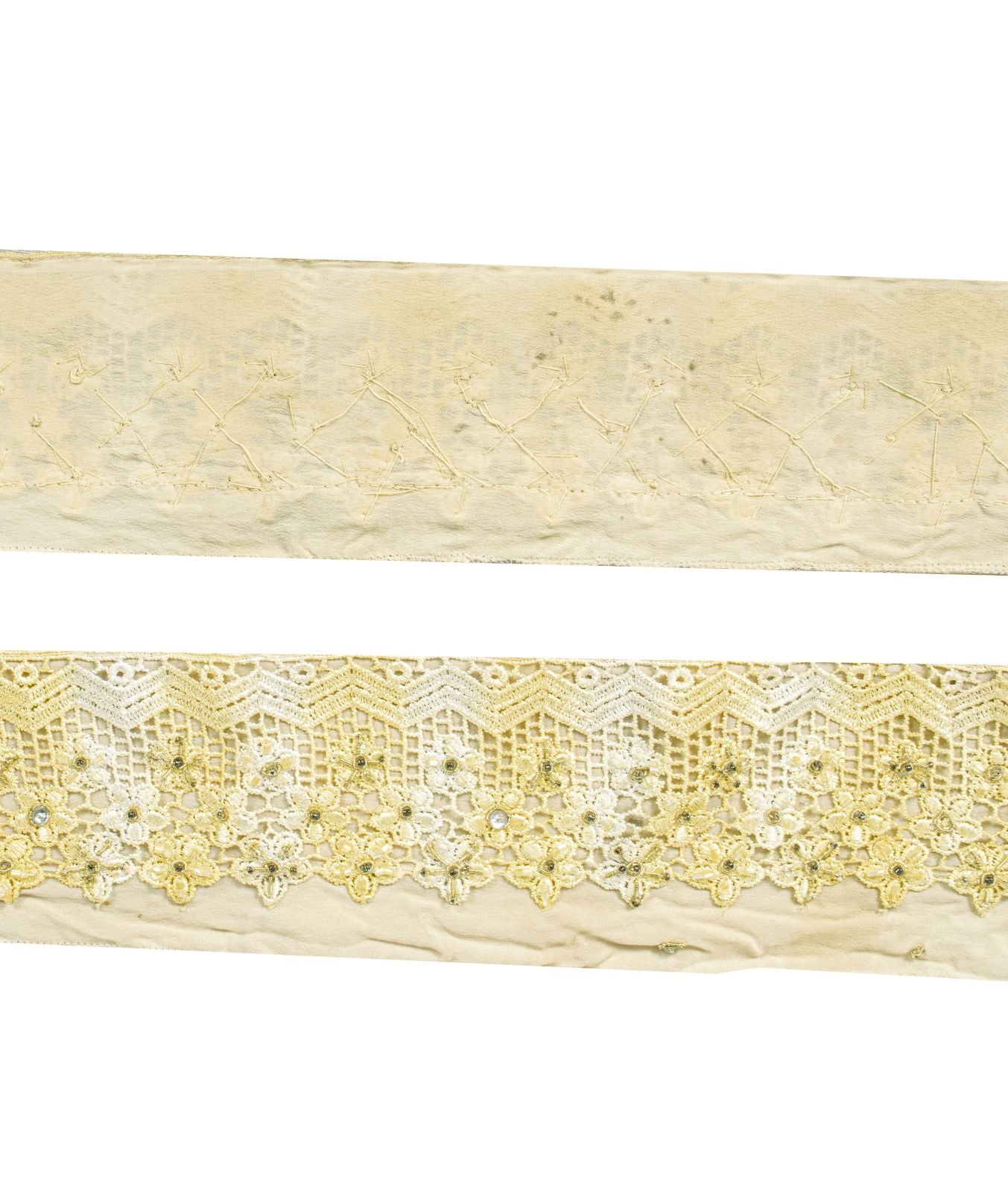 Sanskriti Vintage 1 YD Sari Border Cream Pure Crepe Crochet Hand Bead Trim Lace