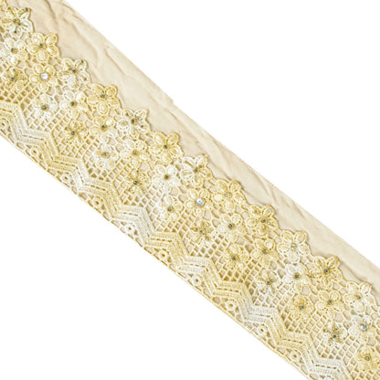 Sanskriti Vintage 1 YD Sari Border Cream Pure Crepe Crochet Hand Bead Trim Lace