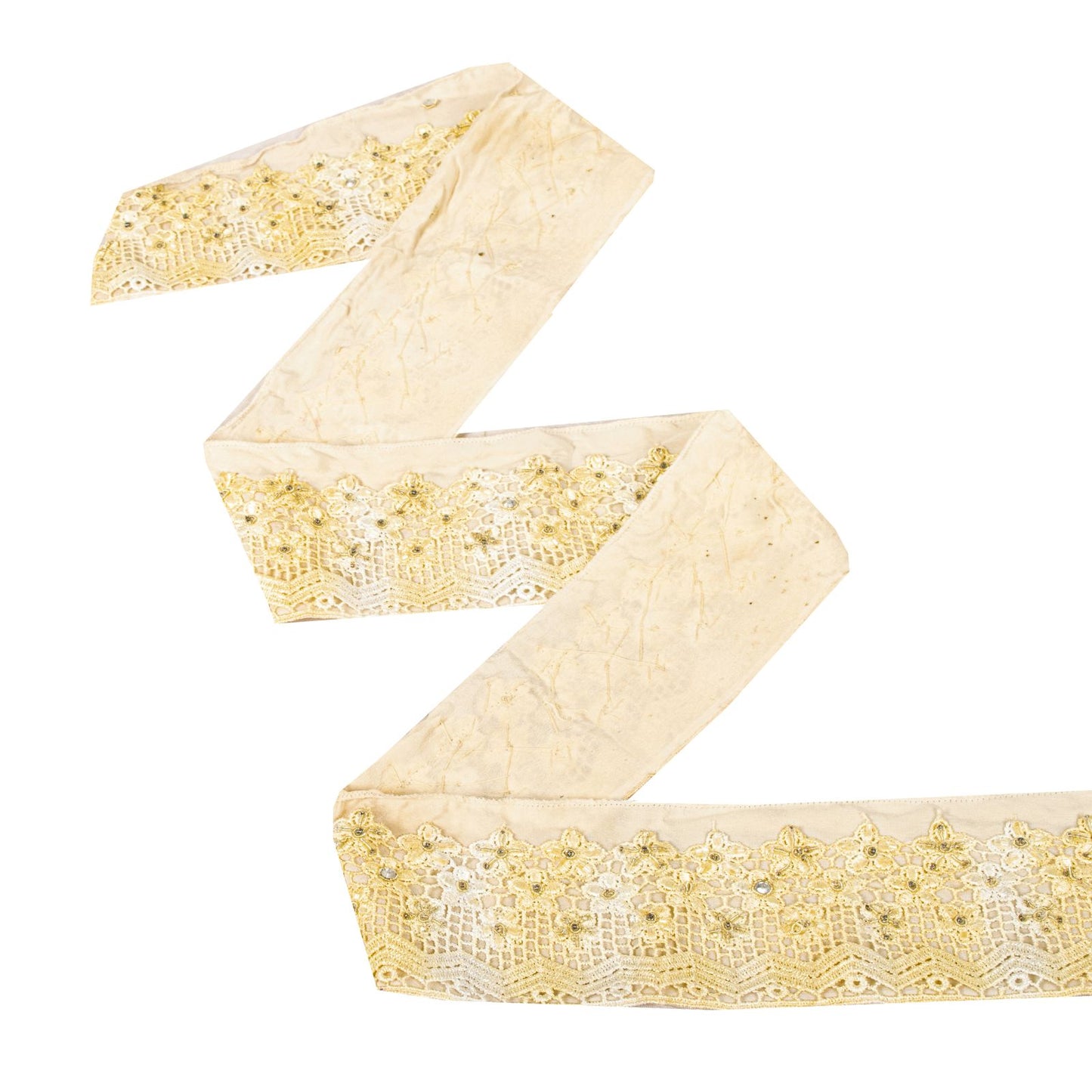 Sanskriti Vintage 1 YD Sari Border Cream Pure Crepe Crochet Hand Bead Trim Lace